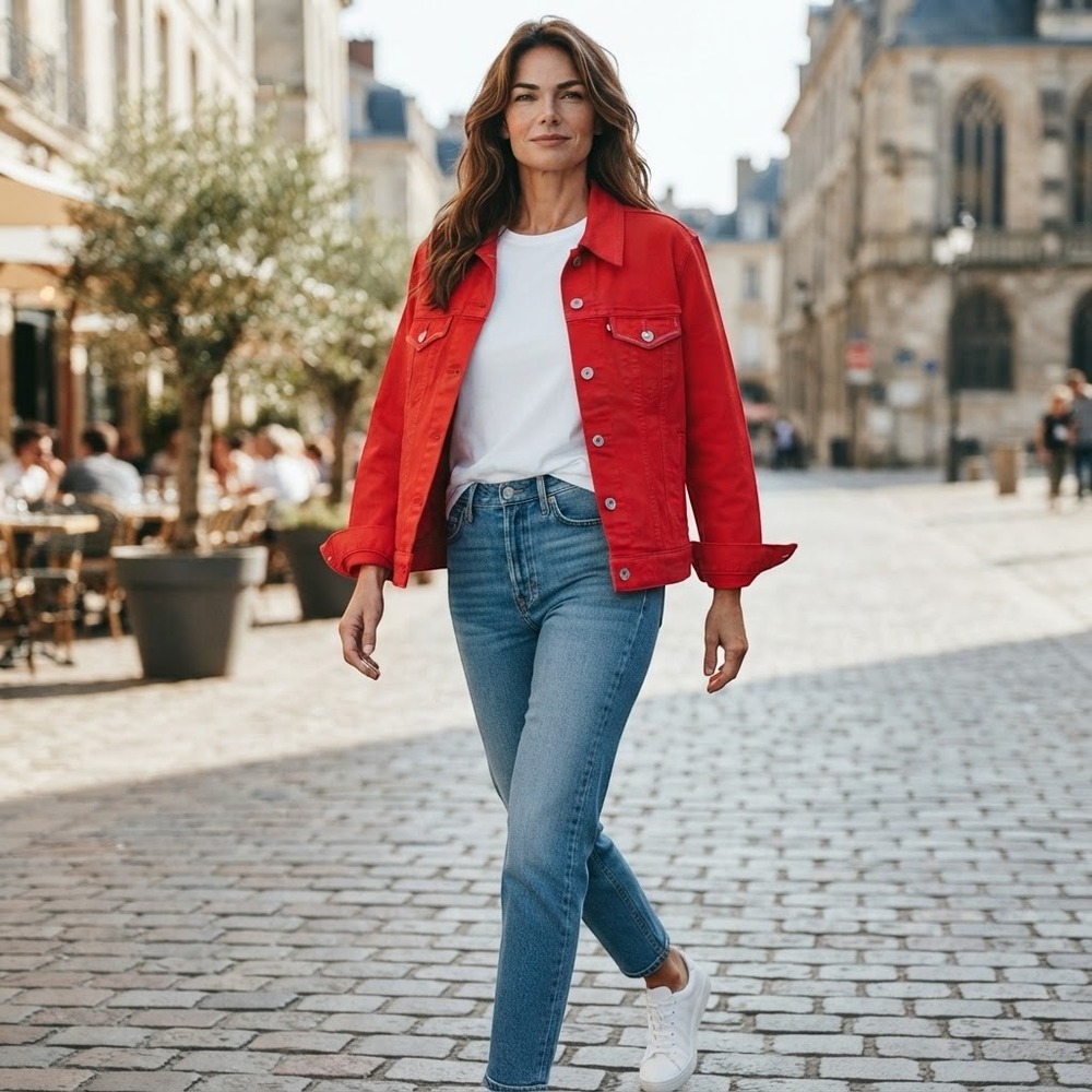 Levis Womens Red Denim Trucker Jacket Size Medium Button Front Jean Coat